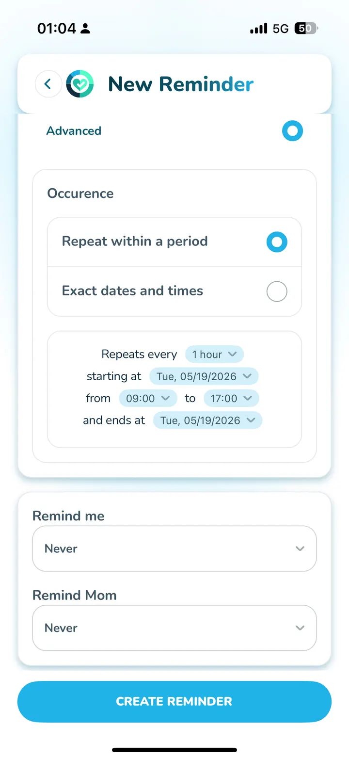Caretaker advanced reminder schedule with repeat within a period and exact dates and times
