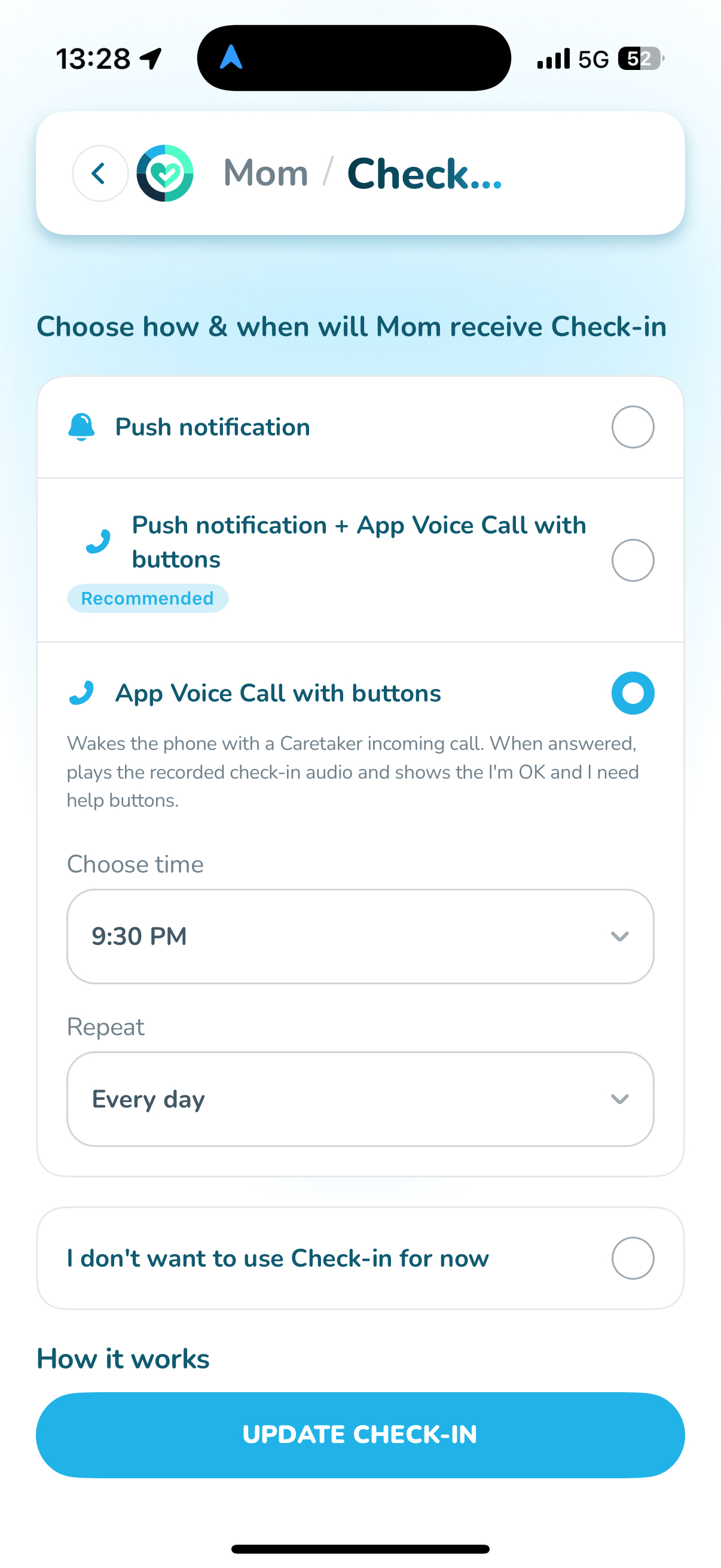 Zaslon za nastavitev preverjanj skrbnika, ki prikazuje možnosti Push notification, Push + App Voice Call in App Voice Call